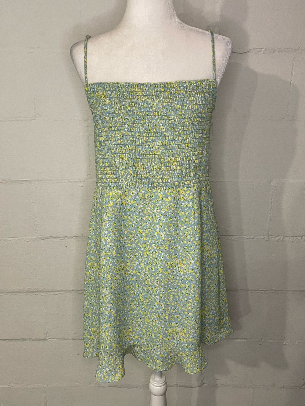 French Connection Green & Yellow Ditsy Floral Smocked Mini Dress
